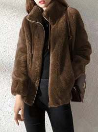 Maliza - Stylish Furry Fleece Jacket - Coffee