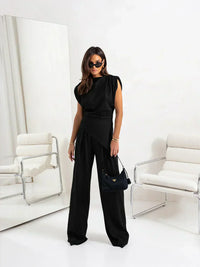 Diann™ Elegant Two-Piece Set | Draped Top and Wide-Leg Trousers - Black