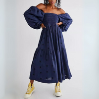 Moira™| Comfy Floral Lantern Sleeve Square Neck Maxi Dress - Navy Blue