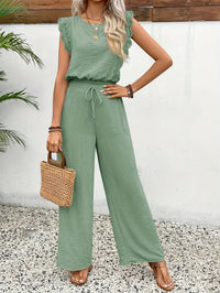 Zella™ Elegant Two-Piece Set | Lace-Trimmed Top and Wide-Leg Trousers - Light Green