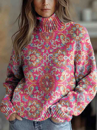 Mildred | Retro floral ethnic print high-collar sweater - Multicolour