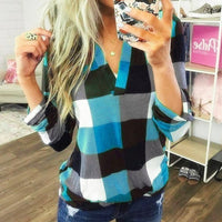 SAMIYA™ - Casual V-Neck Plaid Long Sleeve Blouse - Sky Blue