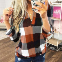 SAMIYA™ - Casual V-Neck Plaid Long Sleeve Blouse - Orange