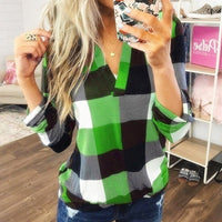 SAMIYA™ - Casual V-Neck Plaid Long Sleeve Blouse - Green