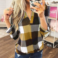 SAMIYA™ - Casual V-Neck Plaid Long Sleeve Blouse - Yellow