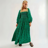 Moira™| Comfy Floral Lantern Sleeve Square Neck Maxi Dress - Dark Green