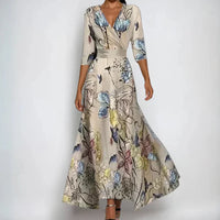 Emily | V-Neck Floral Tie-Waist Dress - Sand/Beige