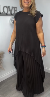 Sherry™ Pleated Midi Top & Wide-Leg Pants Set | Elegant Two-Piece Set - Black