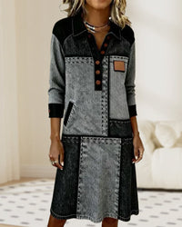 Dress Button Flip V-neck Color Block Modern - Black