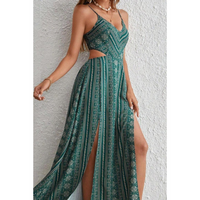 Clarinda™| Casual Deep V-Neck Shirred Sleeveless Maxi Dress - Green