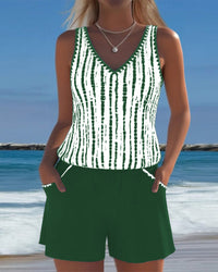 Mia™ | Casual Two Piece Printed V-Neck Swimsuit with Pockets - Green