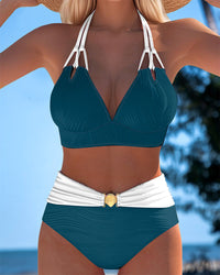 Lily™ | High Waisted Double Strap Swimsuit with Contrast Colour - Dark Green
