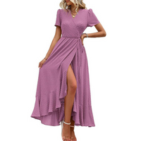 Pilar™ | Classy Flowy Wrap V-Neck Short Sleeve Maxi Dress - Purple