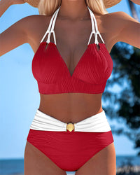 Lily™ | High Waisted Double Strap Swimsuit with Contrast Colour - Red