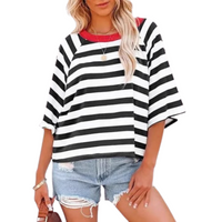 MAOSIE™ | Trendy Loose Fit Summer Crewneck Top - Black and White striped Red collar