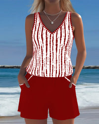 Mia™ | Casual Two Piece Printed V-Neck Swimsuit with Pockets - Red
