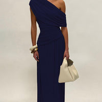 Mano™| Elegant One Shoulder Evening Bodycon Maxi Dress - Navy Blue