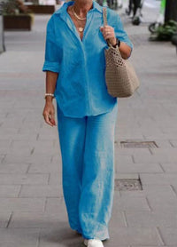 Denice™ Elegant Casual Two Piece Set | Relaxed Button-Up Top and Wide-Leg Trousers - Light Blue