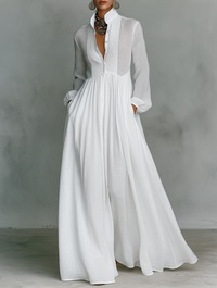 Veronica | Cotton Linen Maxi Dress with High Collar - White