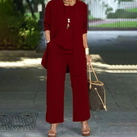 Laney™ Elegant Casual Three-Piece Set | Coordinated Top, Cardigan & Wide-Leg Trousers - Red