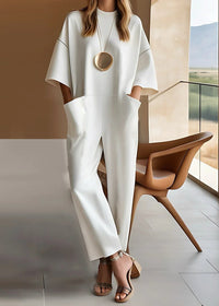 Emmy™ Elegant Short-Sleeve Jumpsuit | Relaxed Straight-Leg Jumpsuit - White