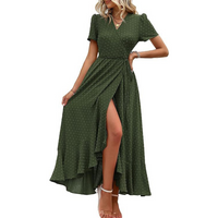 Pilar™ | Classy Flowy Wrap V-Neck Short Sleeve Maxi Dress - Army Green