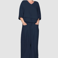 Vina™ Relaxed 2-Piece Set | Asymmetrical Top and Wide-Leg Pants - Dark Blue