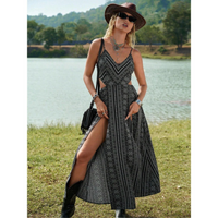 Clarinda™| Casual Deep V-Neck Shirred Sleeveless Maxi Dress - Black