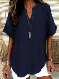 SEREIA™ - Casual Plain Short Sleeve Blouse - Navy Blue