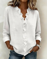 Indie | Blouse with Ruffles, V-Neck and Long Sleeves - White
