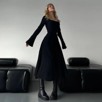 Cilicia™ | Classy Plain Flounce Long Sleeve Square Neck A-Line Maxi Dress - Black