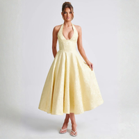 Ziora™| Chic Low Cut Sleeveless Open Back A-Line Halter Maxi Dress - Yellow
