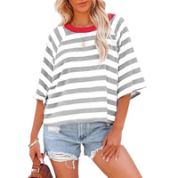 MAOSIE™ | Trendy Loose Fit Summer Crewneck Top - White background with Grey stripes