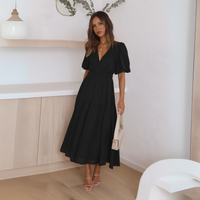Namu™ | Classy V-Neck Long Sleeve A-Line Maxi Dress - Black