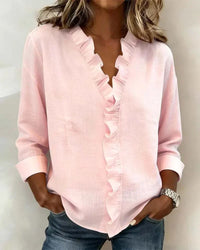 Indie | Blouse with Ruffles, V-Neck and Long Sleeves - Pink