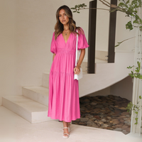 Namu™ | Classy V-Neck Long Sleeve A-Line Maxi Dress - Rose Red