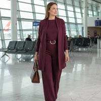 Elegant 3-Piece Set Including Long Cardigan, Top, and Pants - Burgundy
