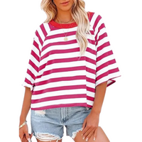MAOSIE™ | Trendy Loose Fit Summer Crewneck Top - White background with Rose Red stripes