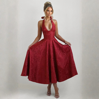 Ziora™| Chic Low Cut Sleeveless Open Back A-Line Halter Maxi Dress - Red