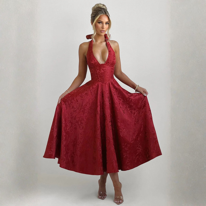 Ziora™| Chic Low Cut Sleeveless Open Back A-Line Halter Maxi Dress