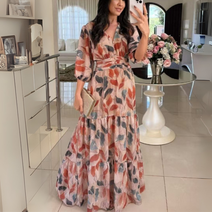 Bell™| Elegant V-Neck Puff Sleeve Maxi Dress