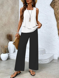 Juliette™ Elegant Two-Piece Set | Flowing Blouse and Wide-Leg Trousers - White & Black