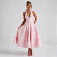 Ziora™| Chic Low Cut Sleeveless Open Back A-Line Halter Maxi Dress - Pink