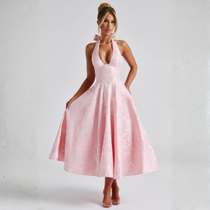Ziora™| Chic Low Cut Sleeveless Open Back A-Line Halter Maxi Dress