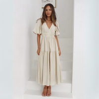 Namu™ | Classy V-Neck Long Sleeve A-Line Maxi Dress - Apricot