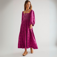 Moira™| Comfy Floral Lantern Sleeve Square Neck Maxi Dress - Rose Red