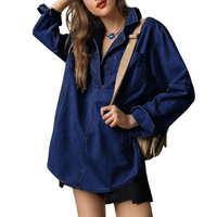NISHA™ - Chic V-Neck Loose Fit Long-sleeve Top - Extra Dark Blue
