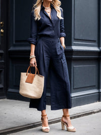 Nelle™ Elegant Shirt & Capri Set | Relaxed Shirt and Cropped Trouser Set - Navy