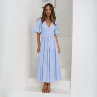 Namu™ | Classy V-Neck Long Sleeve A-Line Maxi Dress - Light Blue