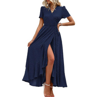 Pilar™ | Classy Flowy Wrap V-Neck Short Sleeve Maxi Dress - Navy Blue